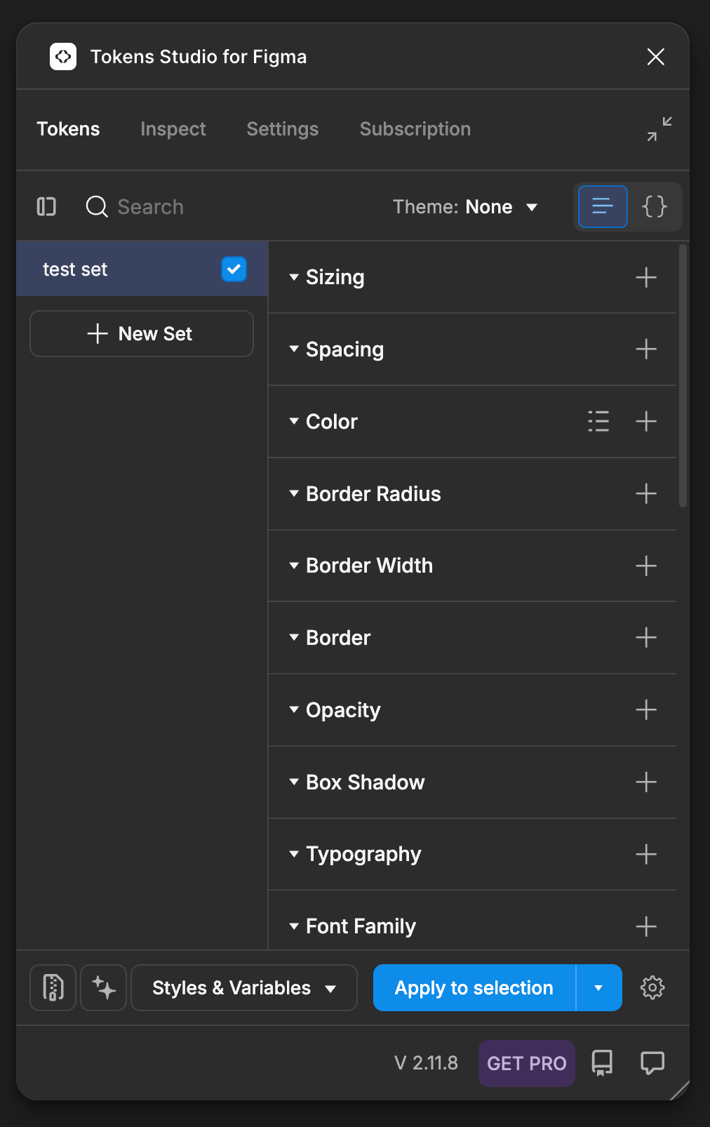 base screen of tokens studio plugin showing options to insert and edit figma tokens