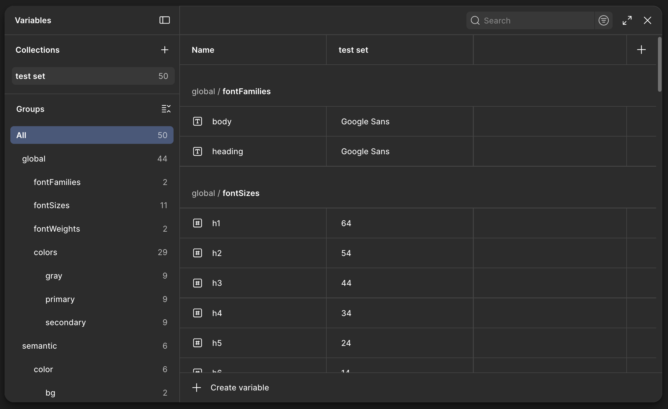 screen of Figma showing all variables imported