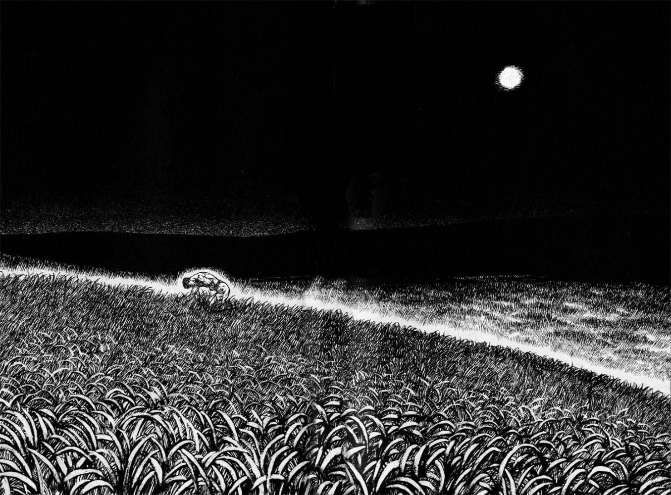 A lone figure kneels, curled over, in a vast moonlit field of grass that stretches to a dark horizon, rendered in dense black-and-white ink hatching.